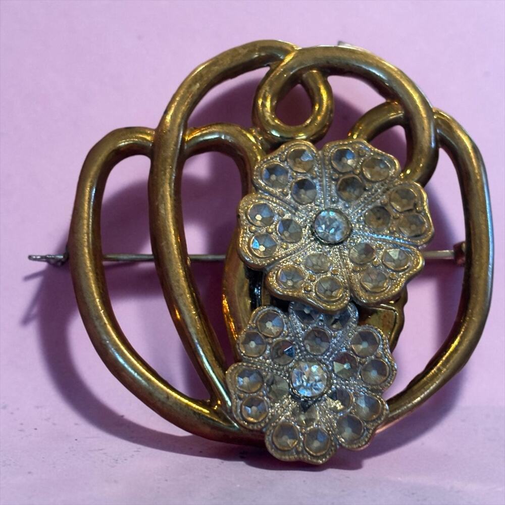 1930s Art Deco Rhinestone Flower Brooch Gold Swirl Statement Pin